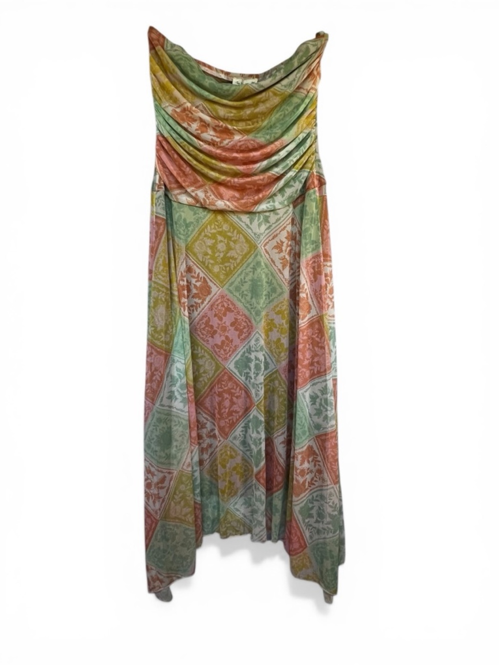 Boho Patchwork Strapless Midi Dress Handkerchief Hem Festival Cottagecore L